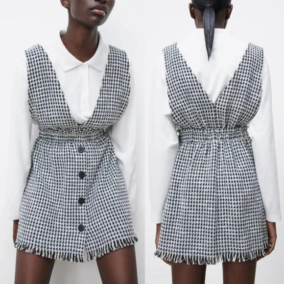 Zara Pinafore Tweed Buttons Overall Dress Blue NWT Size Small - Picture 3 of 11